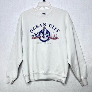 Vtge Jerzees Ocean City New Jersey White Sweatshirt L Outdoors Preppy Academia